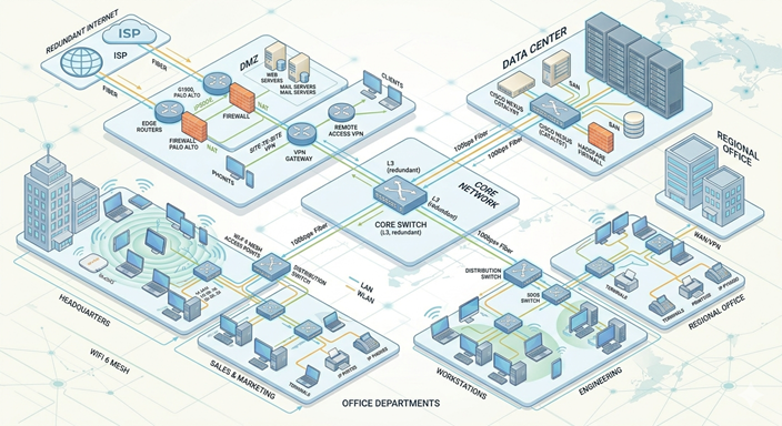 Diagrama de red con Cisco RV042G, HP ProLiant ML350e, switches TP-Link y APs